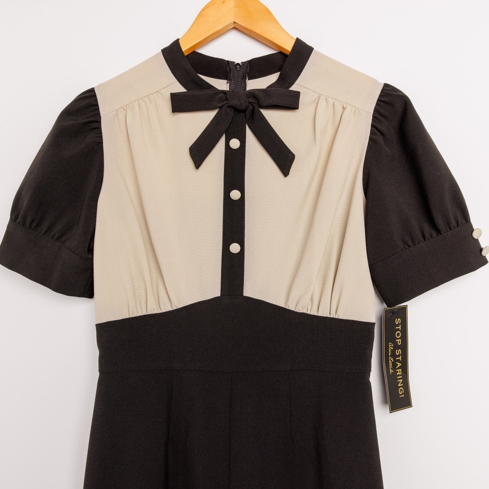Stop Staring Vintage Inspired Dress Size S Black and Beige Bow Detail Slit Front